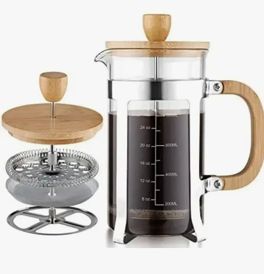 Glass French Press Coffee Maker 20-26 oz Wood Handle, Lid Plunger Filter Manual